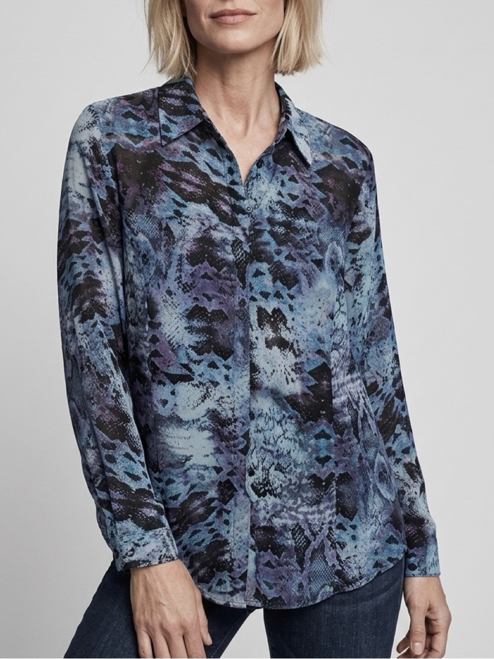 CAbi Blue Purple Python Snake Abstract Sheer Long Sleeve Button Up Blouse